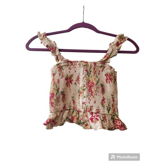 LULUS Tan Floral Ruffle Crop Top XS - Picture 1 of 3